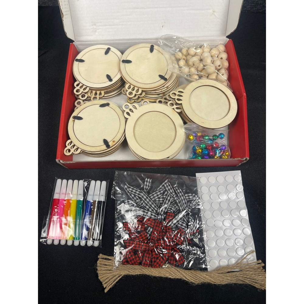 Christmas DIY Wood Ornament Craft Kit Photo Frames Markers Beads Bells Bows